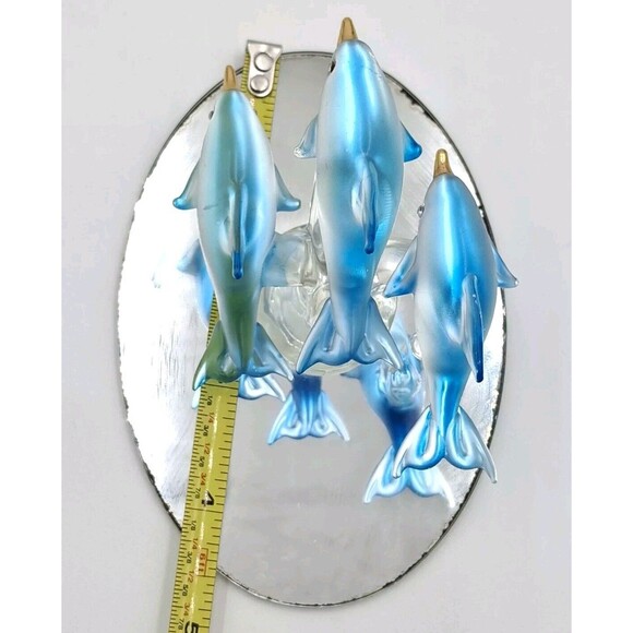 Vtg Blue Dolphins Glass Figurine Dolphin Trio on Mirror Base 3 1/4in tall" - Picture 8 of 13